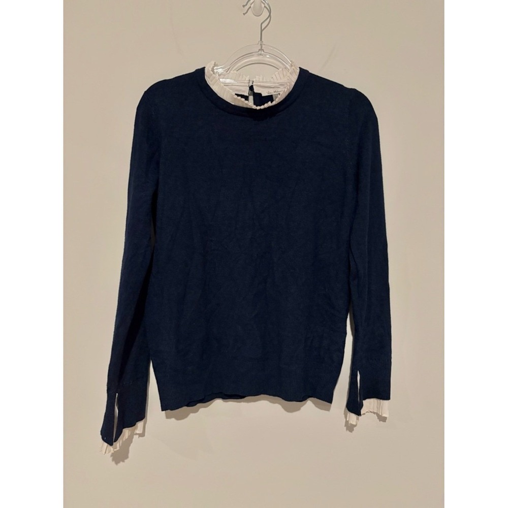 Vila Milano Wool Blend layered Sweater Top Flute Sleeves navy blue white large